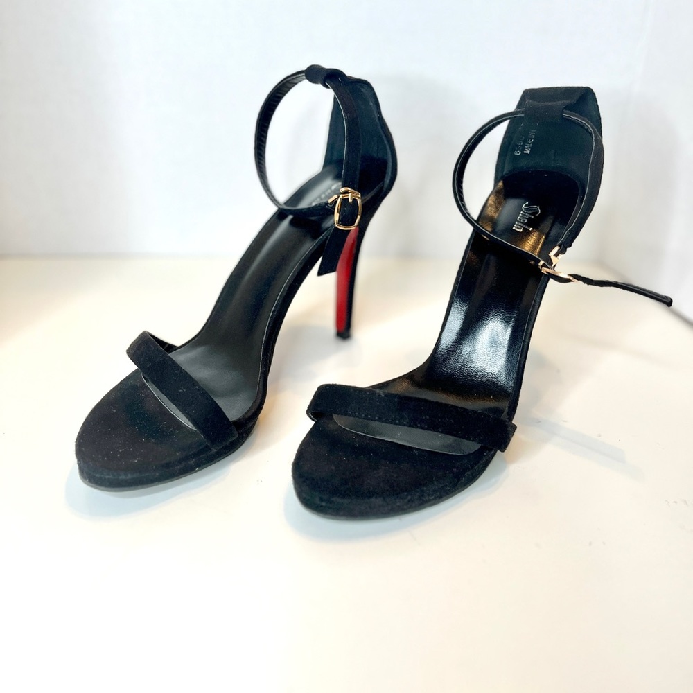 Shein Ankle Strap Black Faux Suede 4” heels sandal with gold buckle- size 9